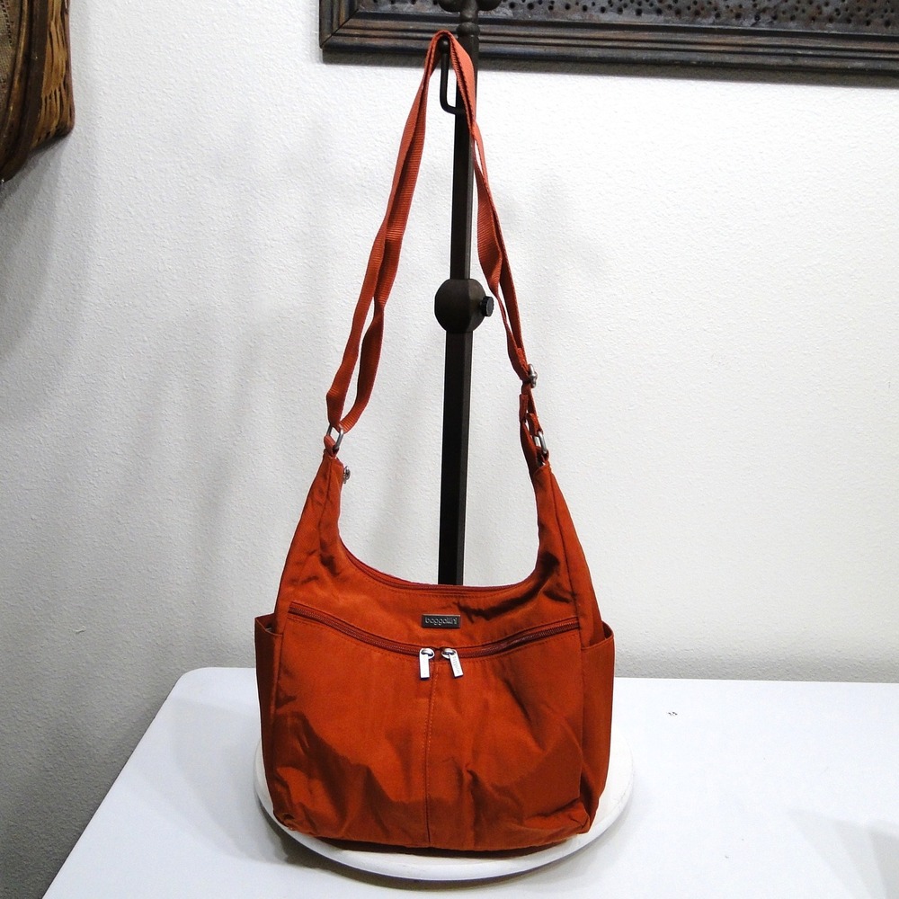 Baggallini Hobo Shoulder Bag Burnt Orange Nylon Adjustable Strap Multi Pocket